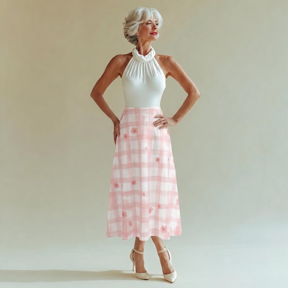 Cherry Blossom Picnic Silk A-Line Skirt Pink Plaid Floral Midi Skirt