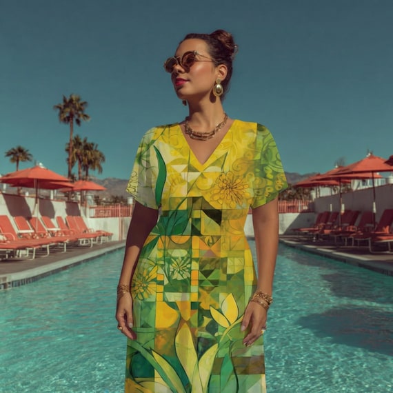 Golden Solstice Flow Dress Yellow Green Abstract V-Neck Relaxed Midi