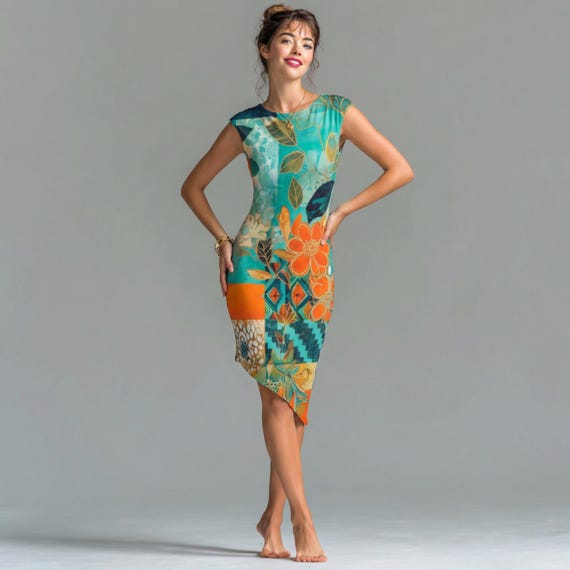 Teal Orange Abstract Floral Asymmetrical Hem Midi Designer Ponte de Roma knit