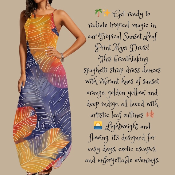 Tropical Sunset Leaf Maxi Dress – Colorful Boho Spaghetti Strap Summer Dress