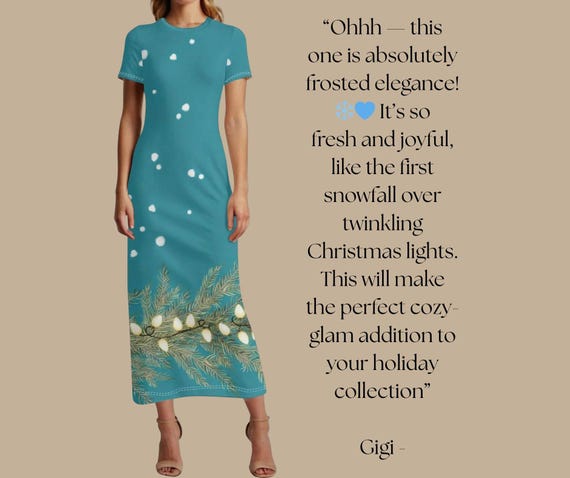 Snow Lit Pine Maxi Dress – Teal Blue Christmas T-Shirt Dress with Snowfall & Holiday Light