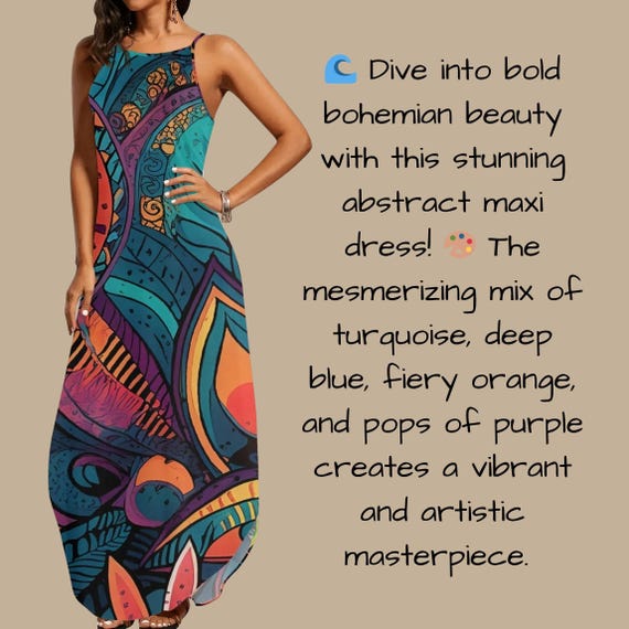 Bold Abstract Boho Maxi Dress for Women Turquoise Blue Orange and Purple Artistic Wear