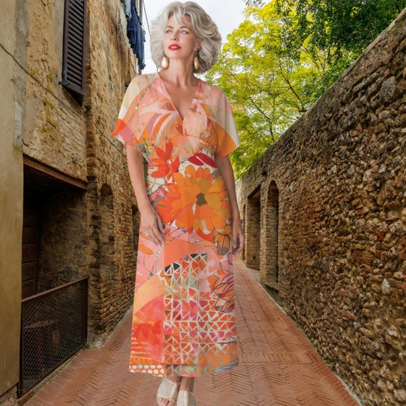 The Sunburst Reverie Dress Orange Floral V-Neck Midi Flowy Summer Lightweight Travel Relaxed Fit Elegant Casual Dress