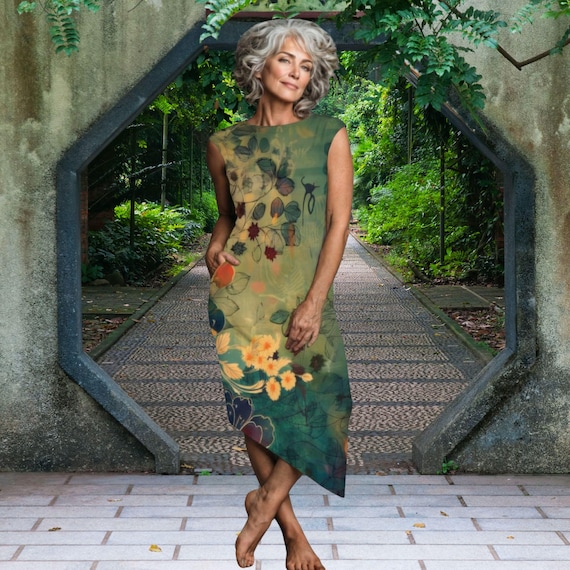 Asymmetrical Green Floral Dress Elegant Ponte Midi with Cap Sleeves Artistic Statement Wearable Art