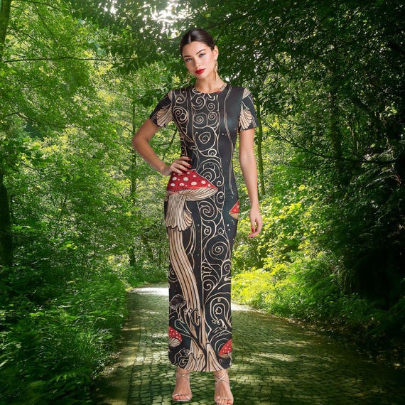 Enchanted Forest Fairycore Artwear Whimsical Mushroom Fantasy T-Shirt Dress Enchanted Black Maxi