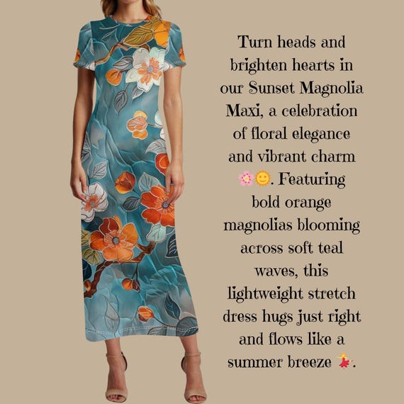 Teal Orange Floral Maxi Dress Summer Garden Print Dress
