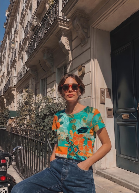 Colorful Floral T Shirt Women Ensemble Teal Orange Botanical Blouse