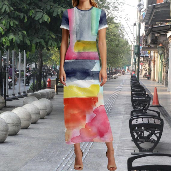 Colorful Watercolor Maxi Dress  Artistic Painted Abstract Art Maxi Gallery Style Statement Dress The Harbor Edit XS-4XL