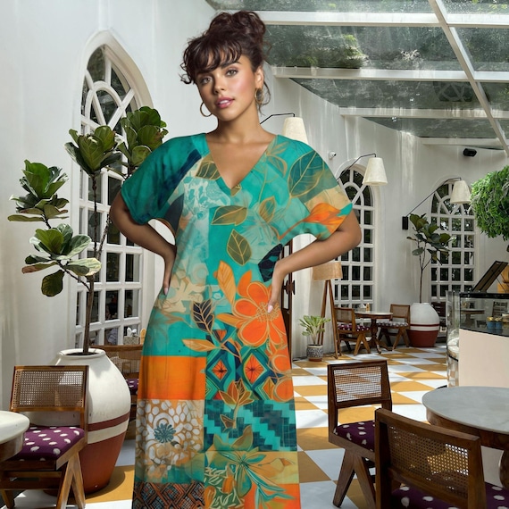 Botanical Mosaic Dress Teal Orange Abstract Midi Relaxed Fit V Neck Artistic Resort Wear Elegant Travel