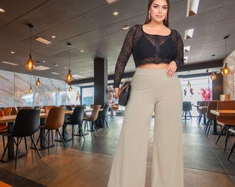 Plus Size Wide Leg High Waisted Lounge Women Trousers Neutral Chic Comfortable Travel Pants