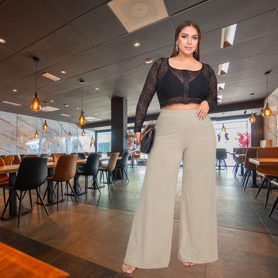 Plus Size Wide Leg High Waisted Lounge Women Trousers Neutral Chic Comfortable Travel Pants