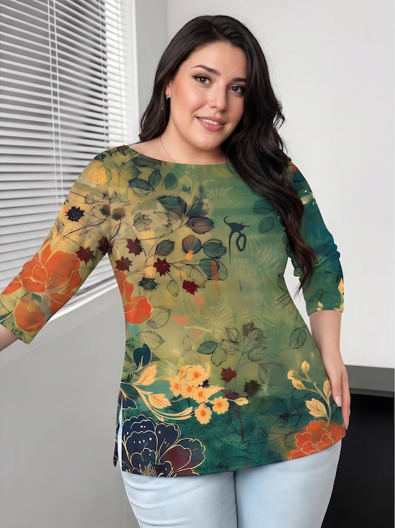 Plus Size Floral Tunic Blouse A-Line Boat Neck Top