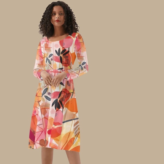 Spring Long Sleeve Midi Dress for Women Modern Abstract Floral A-Line Dress Scoop Neck Knee Length Dress Colorful Boutique Outfit XS–4XL