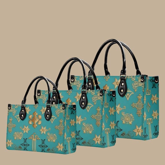 Teal Gold Symbol Tote Bag  Mystical Geometric Handbag