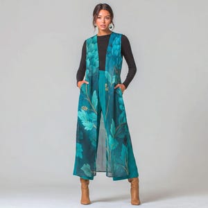Nocturne Bloom Chiffon Duster Vest, Long Open Front Layering Piece