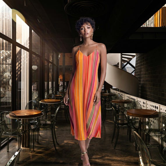 Silk Halter Maxi Dress Colorful Stripe Open Back Resort Vacation Glamorous