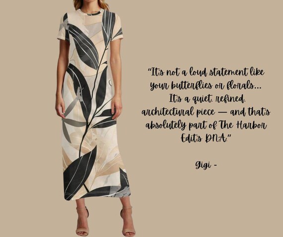 Neutral Botanical Maxi Modern Black & Beige Leaf Style Minimalist Art Dress Chic Contemporary Wear