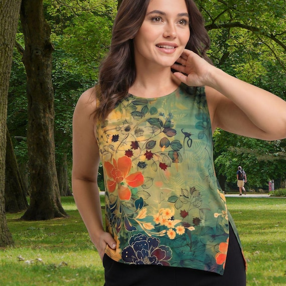 Asymmetrical Tunic Artistic Floral Sleeveless Top Boho Elegant  Flowing Side Slit Top  The Harbor Edit