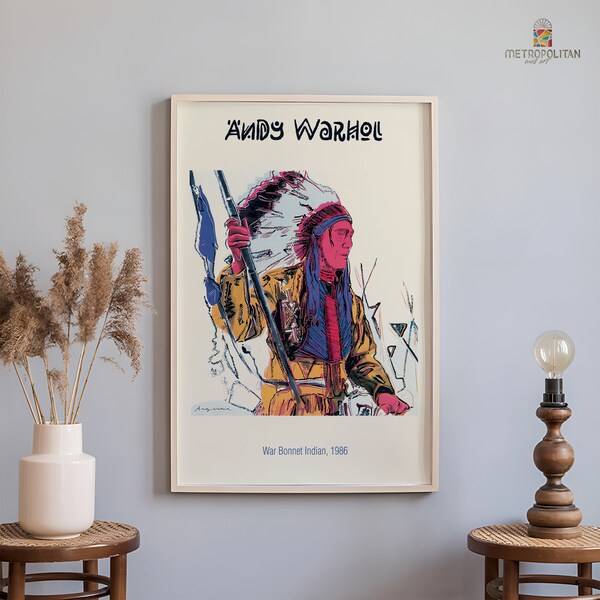 Impression Andy Warhol, indien bonnet de guerre 1986, affiche de la guerre d'Inde, décoration murale moderne, affiche d'Andy Warhol, oeuvre d'art pour la maison Warhol, impression contemporaine