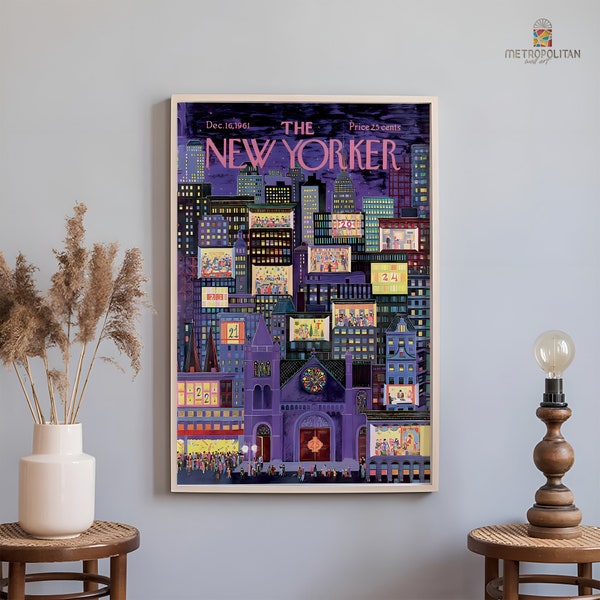 The New Yorker Magazine Cover, Cityscape as an Advent Calendar, by Ilonka Karasz, Retro Wall Art, Bedroom Decor, New Yorker Poster