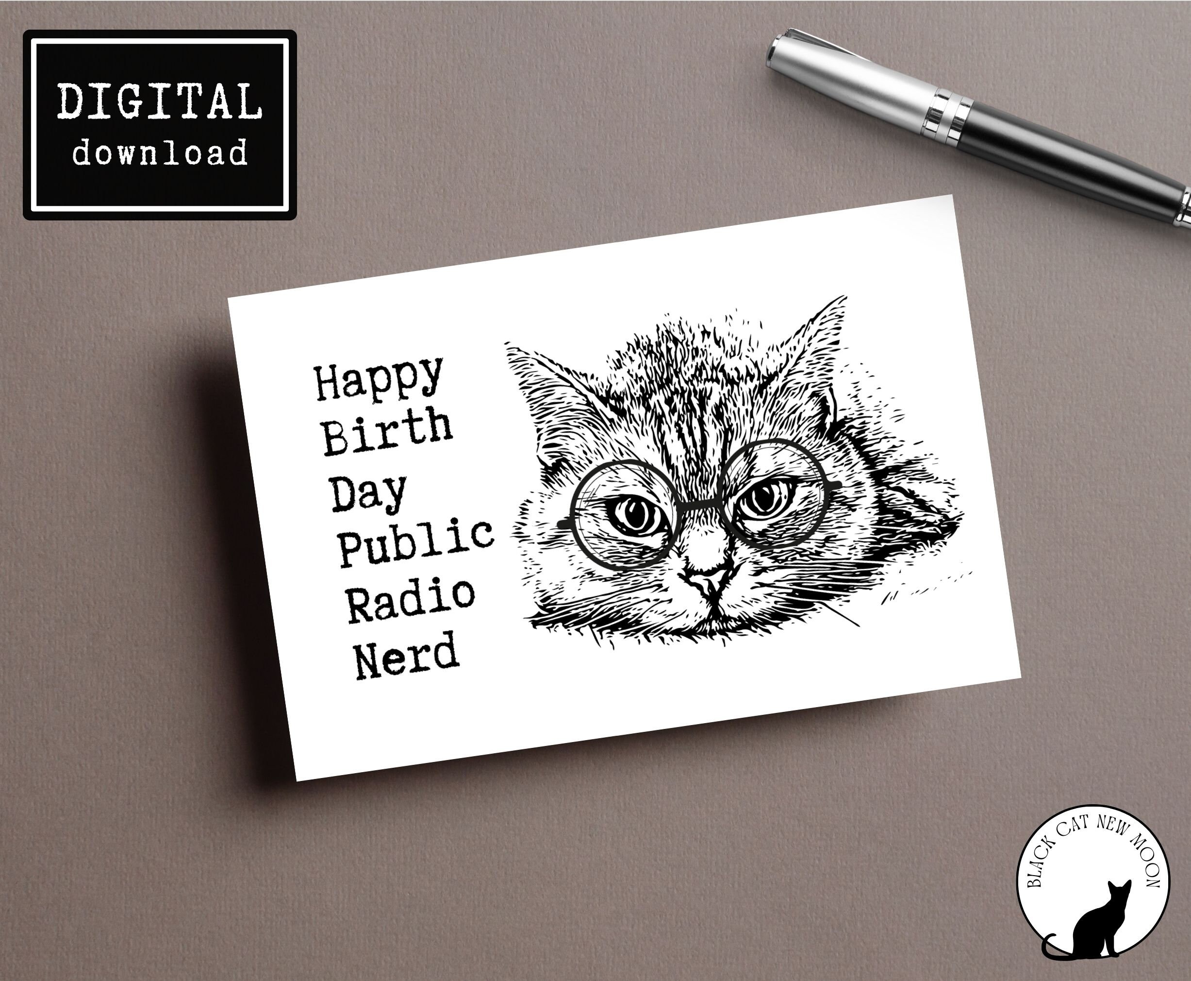 Printable Public Radio Nerd Birthday Card 4x6 Cat With Glasses - Etsy