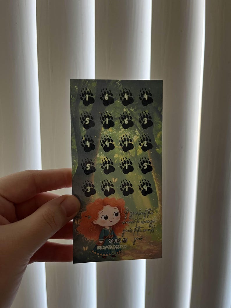 May include: A rectangular card featuring a cartoon illustration of a character with red hair and a green dress. The card has black paw prints with numbers on a forest background. Text on the card reads "If you have the heart to change, your fate will surely change".