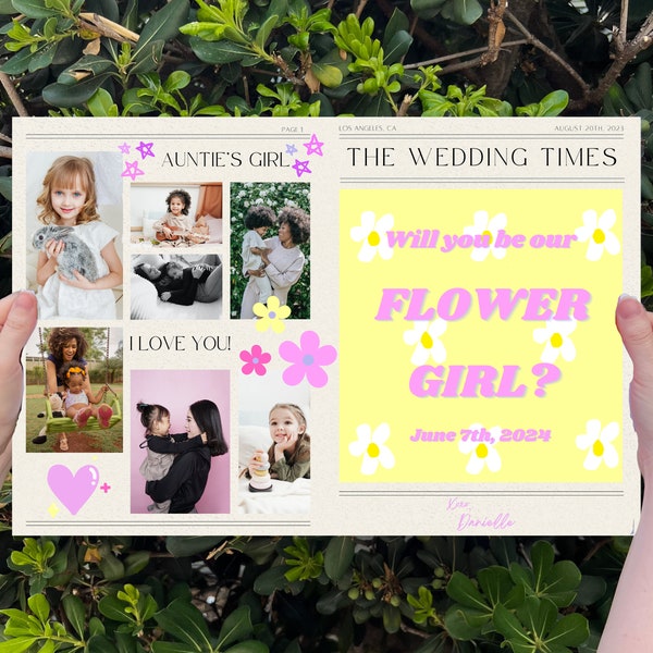 Flower Girl Proposal Newspaper Design, Printable Canva Template, Pretty Bouquet Wrap For Flowers, Unique Bridal Party Gifts, Wedding Party