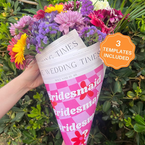 Brautjungfer Vorschlag Zeitungsdesign, druckbare Canva Vorlage, Bouquet Wrap für Blumen, Einzigartiges Brautparty Geschenk, Hochzeitsfeier