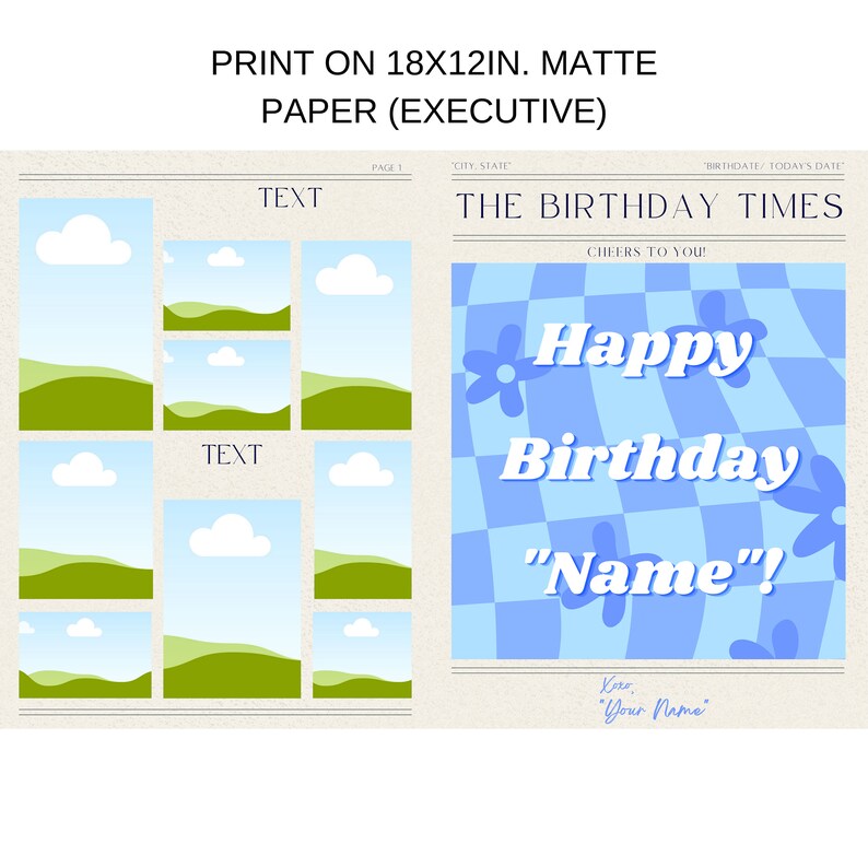Happy Birthday Card Newspaper Design Canva Template DIY - Etsy