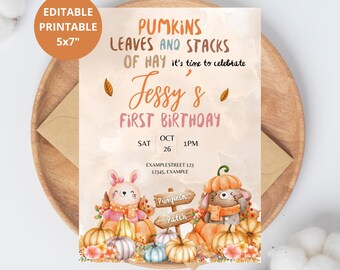 Autumn invite, pumkin patch birthday invitation, editable template, 1st birthday, little pumpkin invite, printable, party invite
