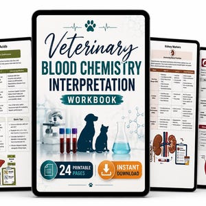 May include: A digital Veterinary Blood Chemistry Interpretation Workbook featuring 24 printable pages. The cover displays the title, silhouettes of a dog and cat, test tubes, and a beaker. Additional pages show charts for Bilirubin, Kidney Markers, and Muscle Enzymes.
