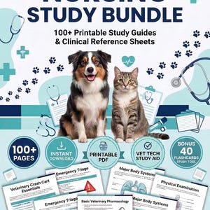 May include: A digital veterinary nursing study bundle featuring a dog and cat illustration, stethoscopes, and medical icons. The text reads: Premium Etsy Bestseller Cover, Veterinary Nursing Study Bundle, 100+ Printable Study Guides & Clinical Reference Sheets.