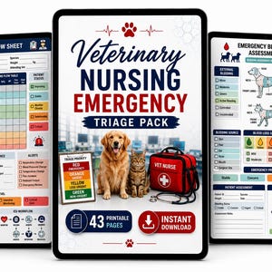 May include: Three digital tablets displaying a Veterinary Nursing Emergency Triage Pack. The center screen features a golden retriever, a tabby cat, and a red medical bag with the text Veterinary Nursing Emergency Triage Pack and 43 printable pages.