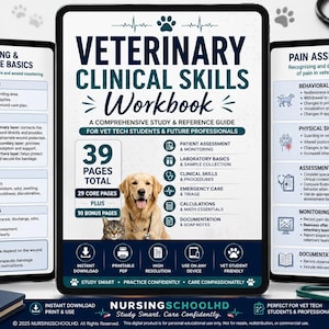 May include: A Veterinary Clinical Skills Workbook featuring 39 pages of study material for vet tech students. The cover displays a golden retriever and a cat, with sections on bandaging, wound care, and pain assessment in a clear, professional layout.