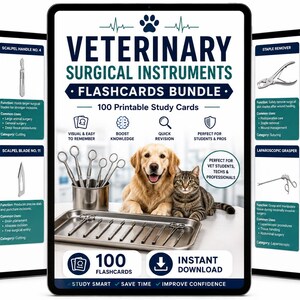 Op de afbeelding: Een digitale weergave van een set flashcards voor veterinaire chirurgische instrumenten met 100 printbare studiekaarten. De centrale afbeelding toont een golden retriever en een cyperse kat naast een metalen tray met chirurgische instrumenten, met tekst over de functies, toepassingen en categorieën van de medische hulpmiddelen.