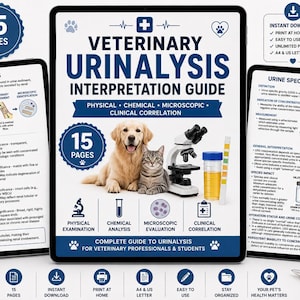 Puede incluir: Una guía digital de interpretación de análisis de orina veterinaria en tres pantallas, con un golden retriever, un gato, un microscopio y una muestra de orina. La guía incluye secciones sobre análisis físico, químico y microscópico.
