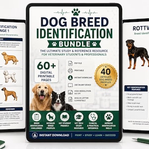 May include: A digital bundle for dog breed identification displayed on three tablets. The central screen features the title DOG BREED IDENTIFICATION BUNDLE with images of a golden retriever and a border collie, plus icons for 60+ pages and 40 profiles.