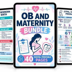 May include: Three digital tablets displaying OB and Maternity Bundle study guides. The center screen features a pregnant person illustration, a clipboard, and the text OB AND MATERNITY BUNDLE 40 DIGITAL PRINTABLE PAGES. Side screens show medical charts.