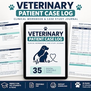 以下が含まれることがあります： 犬と猫のシルエットが描かれた獣医用患者ケースログの表紙を表示するデジタルタブレットと、痛み評価および身体検査のテンプレートが印刷された2枚の用紙。青とティールカラーのアクセントとテキストが含まれています。