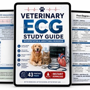 May include: A digital veterinary ECG study guide and arrhythmia workbook featuring a golden retriever and a tabby cat, a heart model, a stethoscope, and an ECG monitor. The cover displays the text VETERINARY ECG STUDY GUIDE and 43 PRINTABLE PAGES.