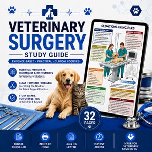 May include: A Veterinary Surgery Study Guide featuring a golden retriever and a tabby cat. The guide includes a tablet displaying sedation principles, surgical instruments on a blue cloth, and a stethoscope. It is a 32-page digital download.