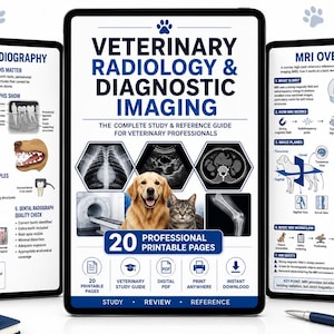 Puede incluir: Tres tabletas digitales que muestran una guía de estudio de radiología veterinaria e imagenología diagnóstica. La pantalla central presenta un golden retriever y un gato, con el texto Veterinary Radiology & Diagnostic Imaging y 20 Professional Printable Pages.