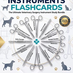 Paket med flashcards för kirurgiska instrument | 100 studiekort för medicin och omvårdnad | Guide till operationsinstrument | Studiehjälpmedel för sjuksköterskeskolan | PDF