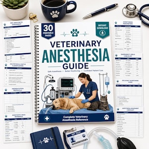 May include: A spiral-bound Veterinary Anesthesia Guide with 30 printable pages. The cover features a graphic of a veterinarian with a dog and cat, medical equipment, and the text Veterinary Anesthesia Guide. Includes various reference sheets.