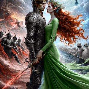 K&ouml;nnte beinhalten: Digitales Kunstwerk eines Paares in Fantasy-Kleidung, das sich an den H&auml;nden h&auml;lt, mit einem Schwert. Die Frau hat lange rote Haare und ein gr&uuml;nes Kleid. Der Mann tr&auml;gt eine R&uuml;stung. Der Titel "Thrones of Reckoning" steht unten, der Name des Autors oben.