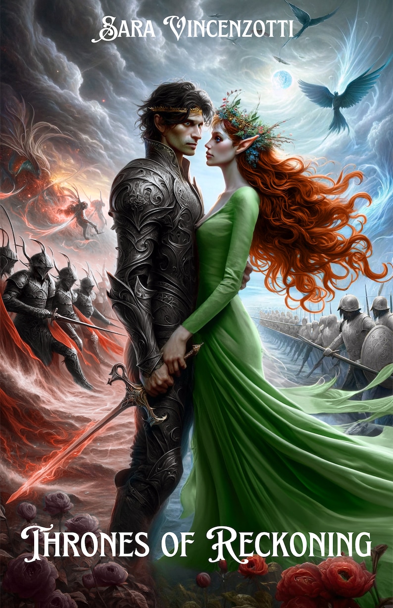 K&ouml;nnte beinhalten: Digitales Kunstwerk eines Paares in Fantasy-Kleidung, das sich an den H&auml;nden h&auml;lt, mit einem Schwert. Die Frau hat lange rote Haare und ein gr&uuml;nes Kleid. Der Mann tr&auml;gt eine R&uuml;stung. Der Titel "Thrones of Reckoning" steht unten, der Name des Autors oben.