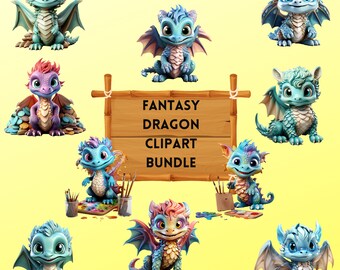 Fantasy Dragon Clipart Bundle, niedlicher Baby Drache PNG hochauflösende, entzückende Drachen Grafiken für Einladungen, POD Produkte Kommerzielle Nutzung