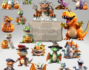 Halloween Dinosaurier Clipart | 32 gruselige Dino-PNGs | Halloween-Bastelarbeiten für Kinder, Partyeinladungen und digitale Projekte | Süße Dinos