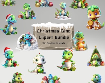 Weihnachts-Dinosaurier-Clipart-Bundle 42 Kommerzielle Nutzung Niedliche Dino PNGs Kinderweihnachtshandwerk, Partyeinladungen Niedliche Feiertags-Dinos