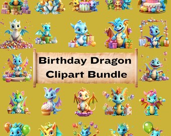 Birthday Dragon Clipart Bundle 22 entzückende Drache PNGs | Digitaler Download für Kartenherstellung & Einladungen | Niedliche Drachenfiguren für Kommerzielle Nutzung